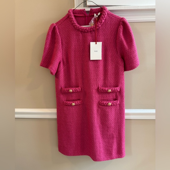 Pink Tweed Business Casual Dress with Gold Button Detail - Picture 2 of 5